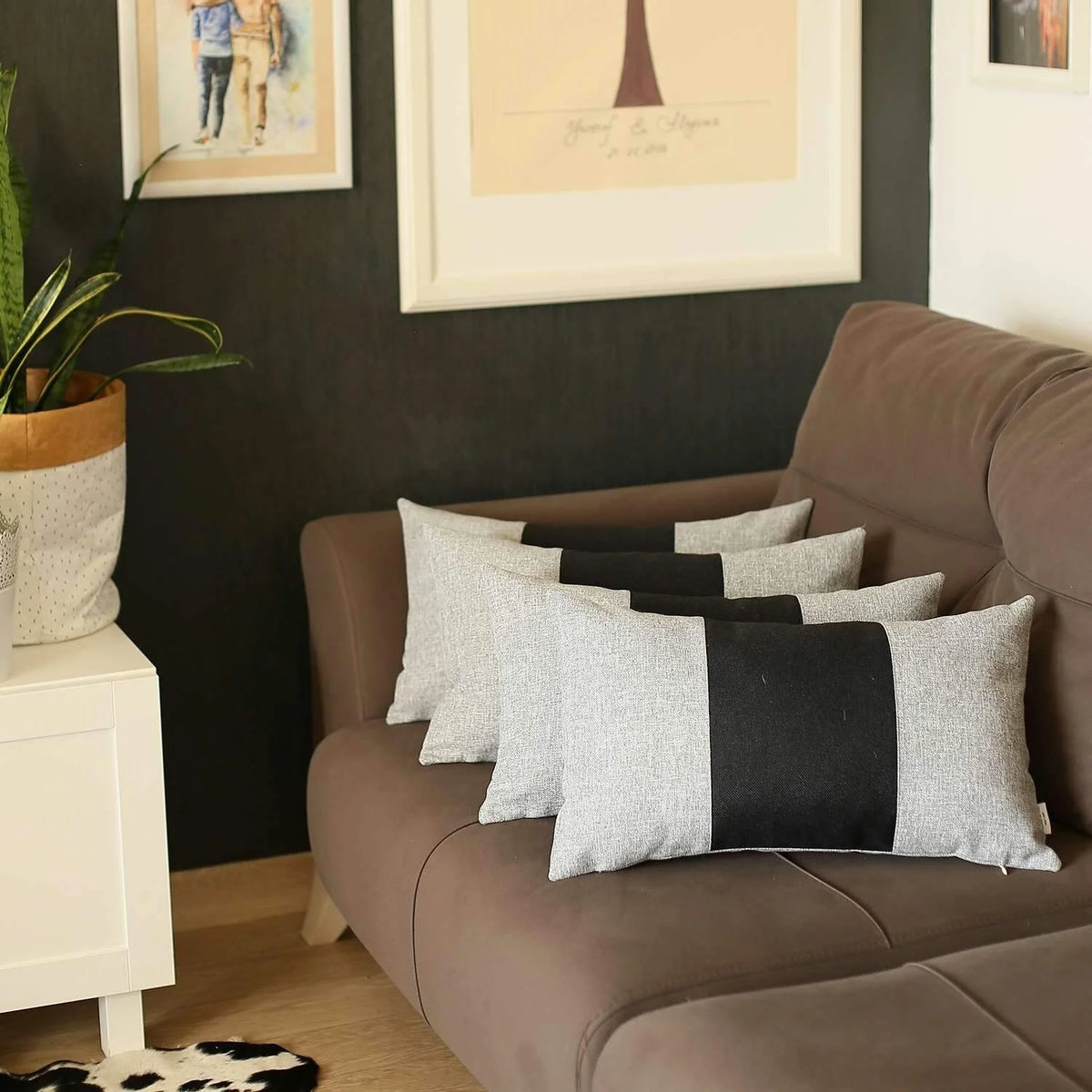 Set Of Four Grey And Black Geometric Polyester Lumbar Pillow Y519