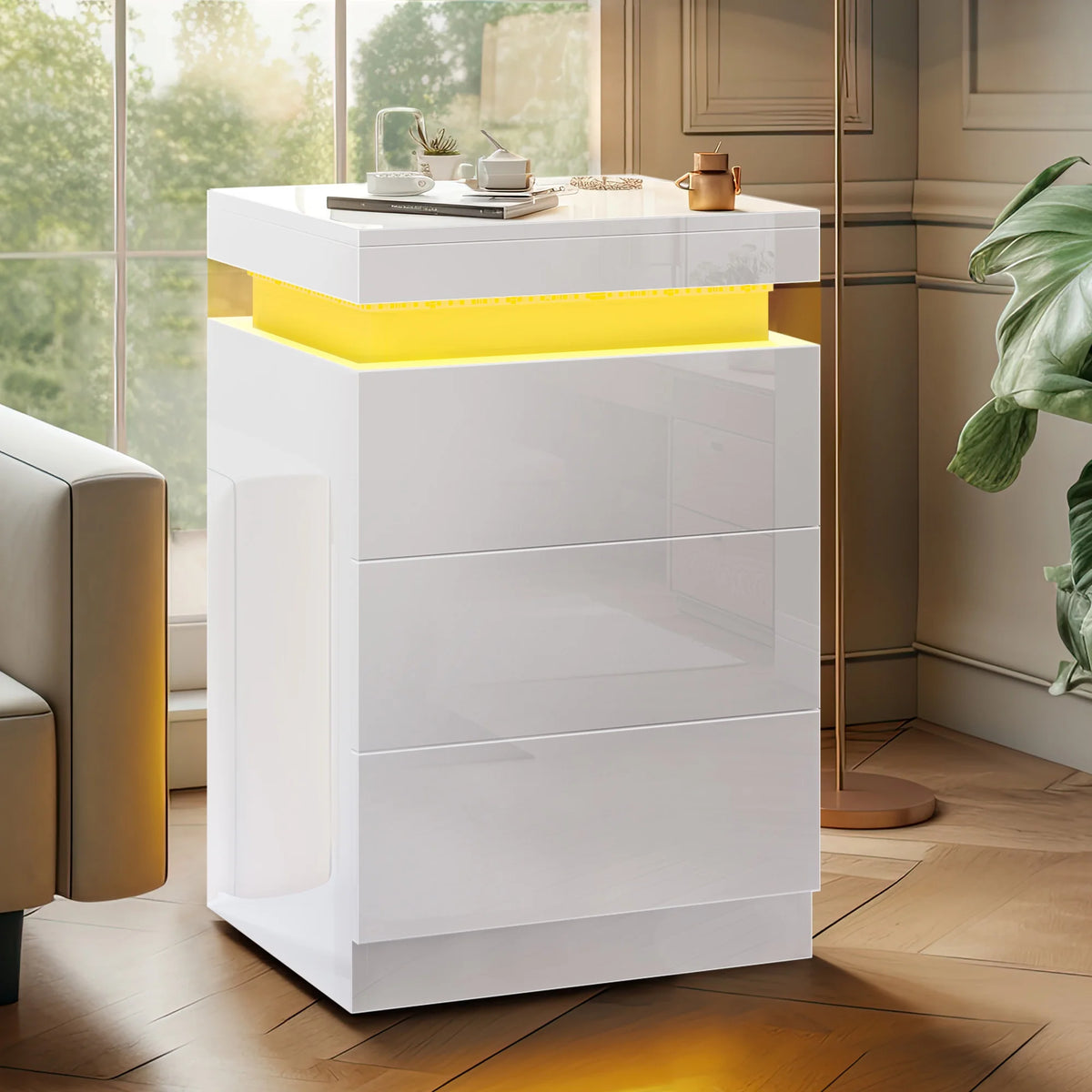 White 3 Drawer LED Nightstand N5184