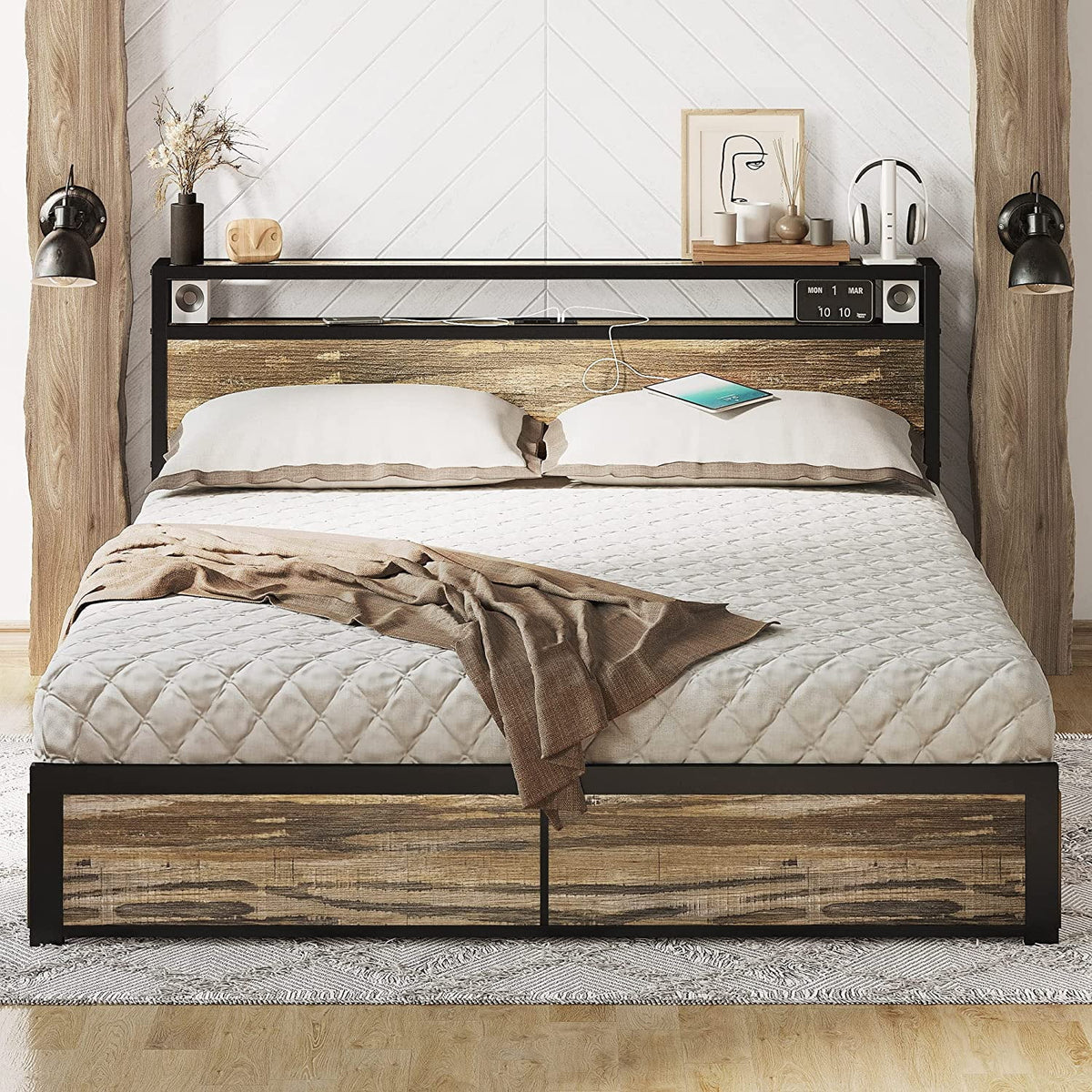 Queen Bed Frame with Storage Drawer and Charging Station V83533