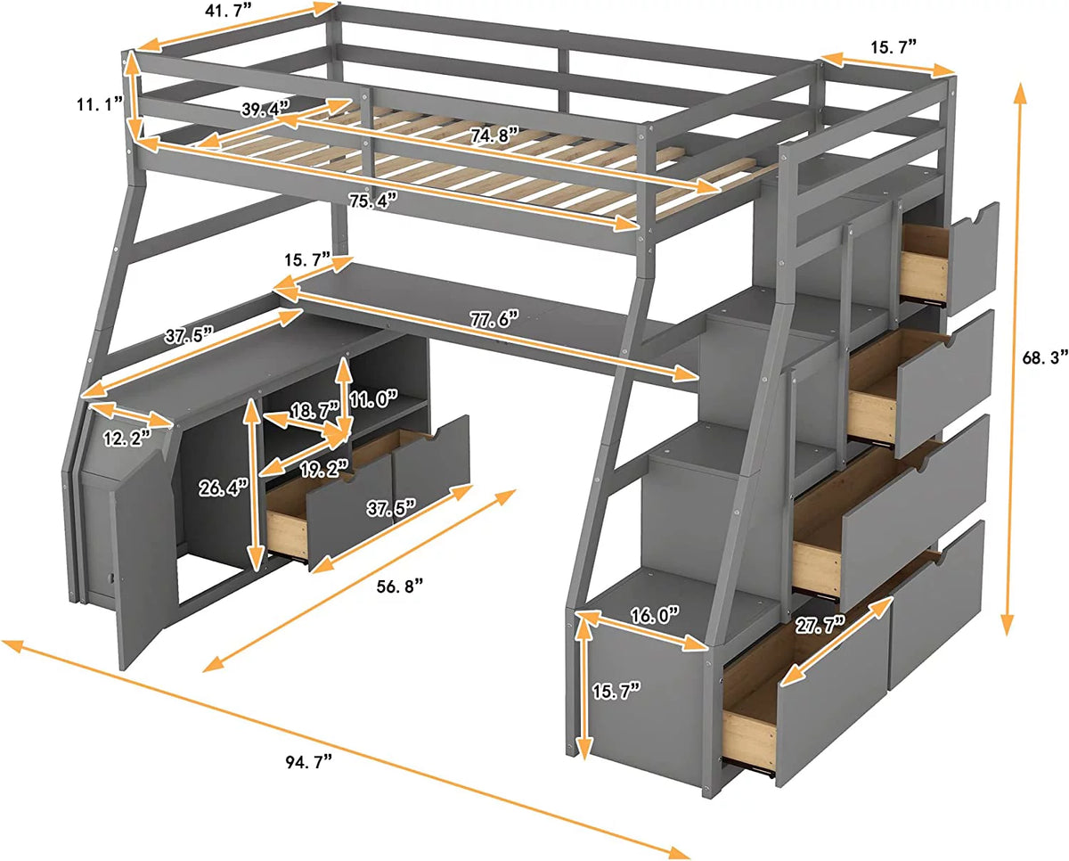 Solid Wood Loft Bed Frame with Stairs, Desk, 7 Drawers and 2 Shelves D578