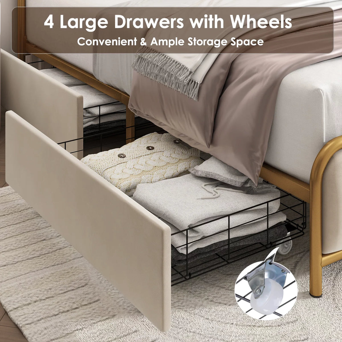 King Size 4 Drawer Gold Platform Bed with Tufted Headboard I992603
