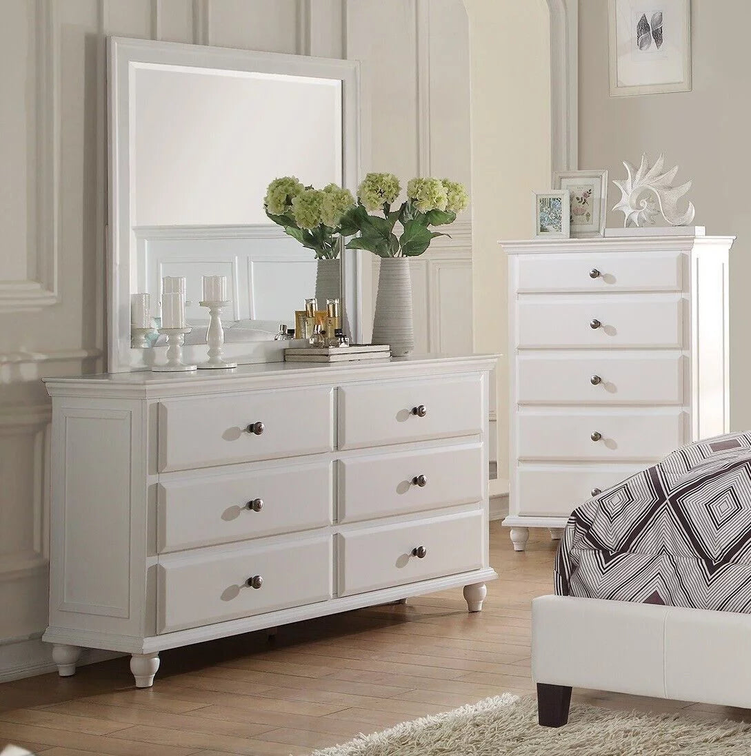 White Full Size 6pc Bedroom Furniture Set with Dresser Mirror Nightstand Chest and Tufted Headboard Y5690