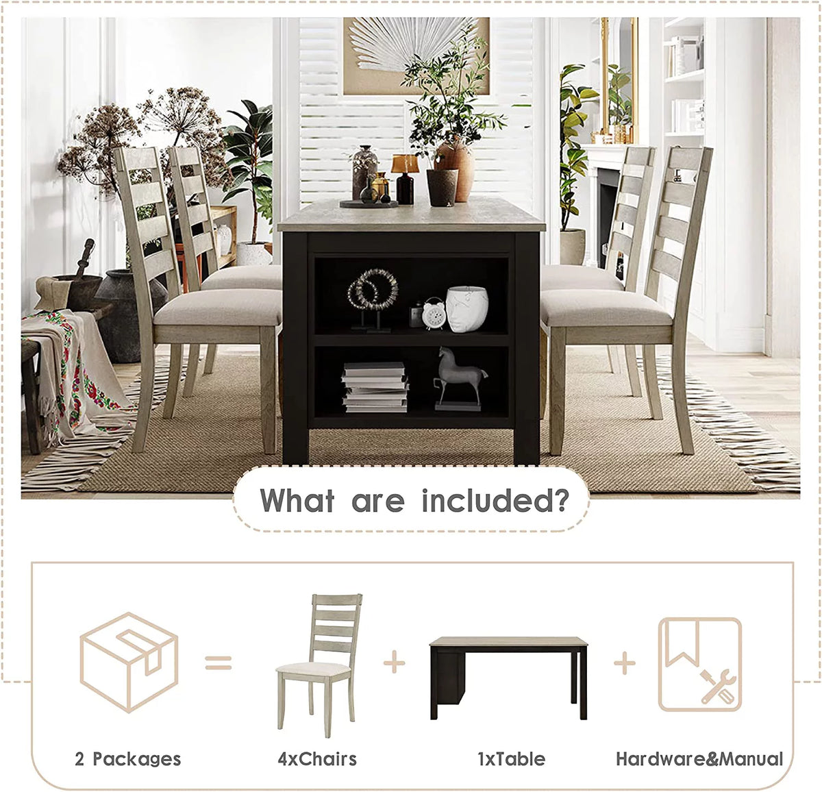 5-Piece Wood Dining Table Set with Padded Chairs S77014
