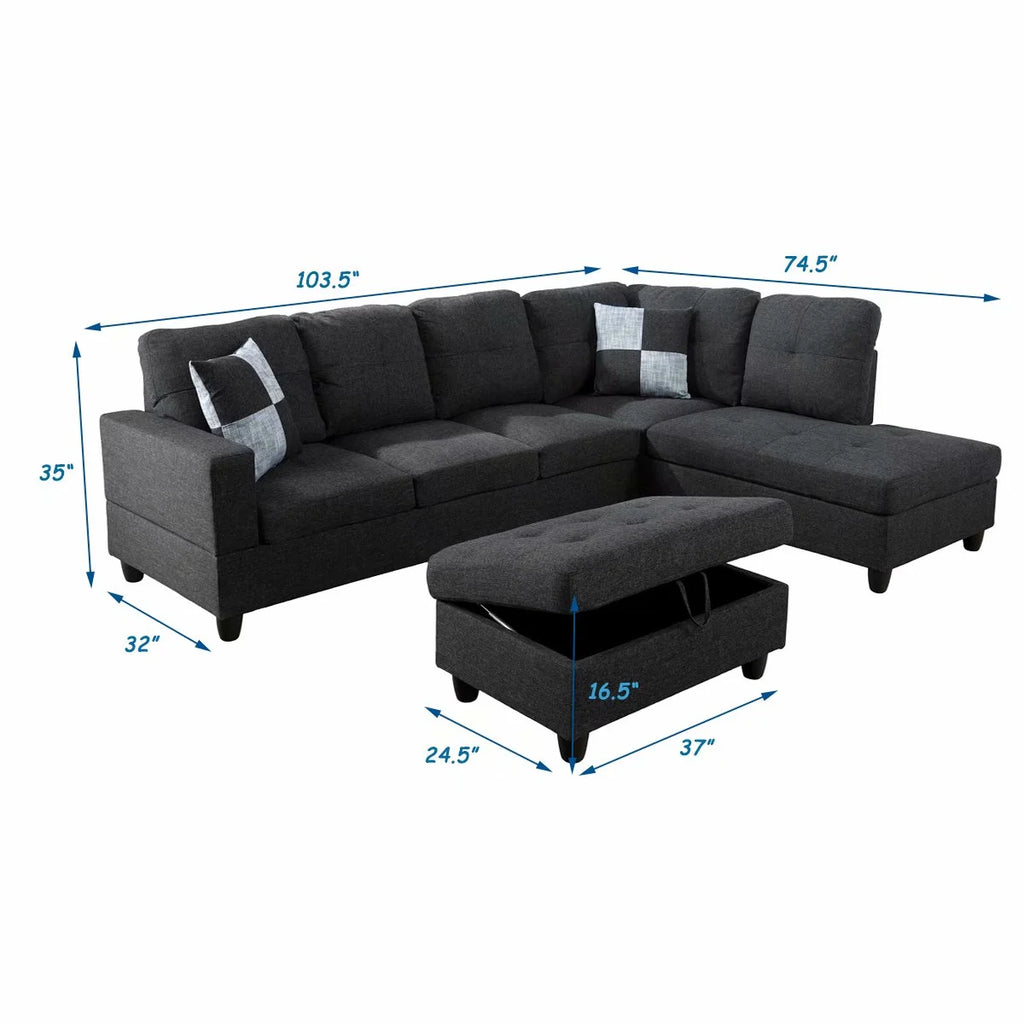 Black Grey 3PC Linen Sectional Sofa Set J715720