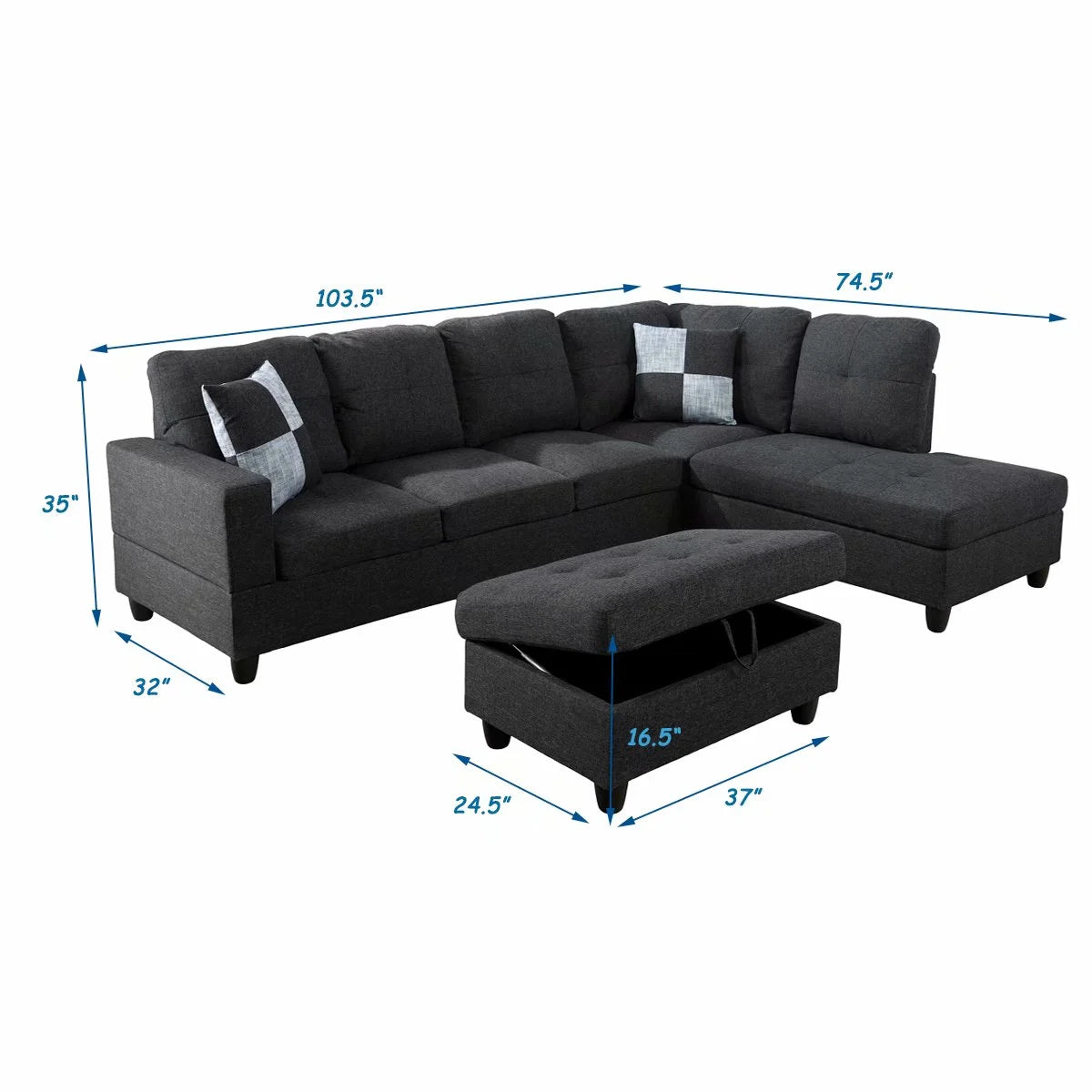 Black Grey 3PC Linen Sectional Sofa Set J715720