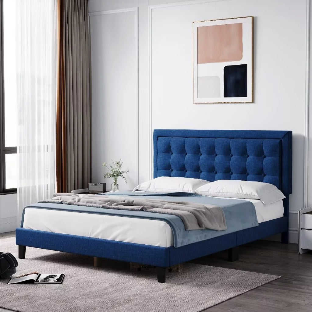 Full Size Blue Upholstered Platform Bed with Tufted Headboard M934