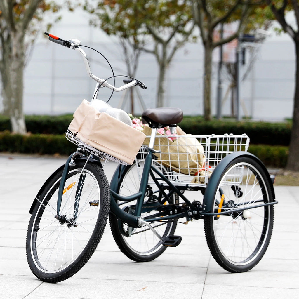 24 Inch Single Speed Adult Tricycle 3 Wheels Cruiser Bike with Removable Wheeled Basket V8602