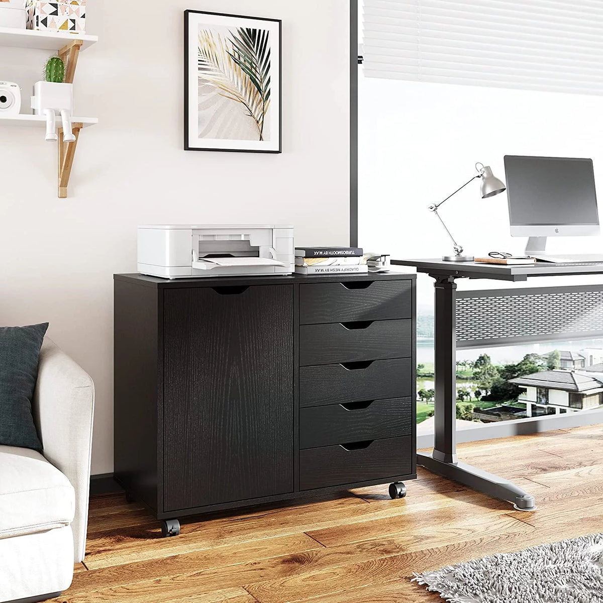 Black 5 Drawer Wood File Cabinet with Wheels B89263