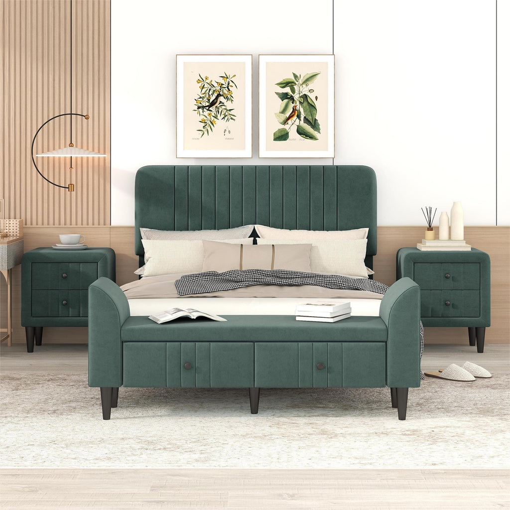 Queen Size Upholstered Platform Bed with 2 Nightstands and Storage Bench G7616