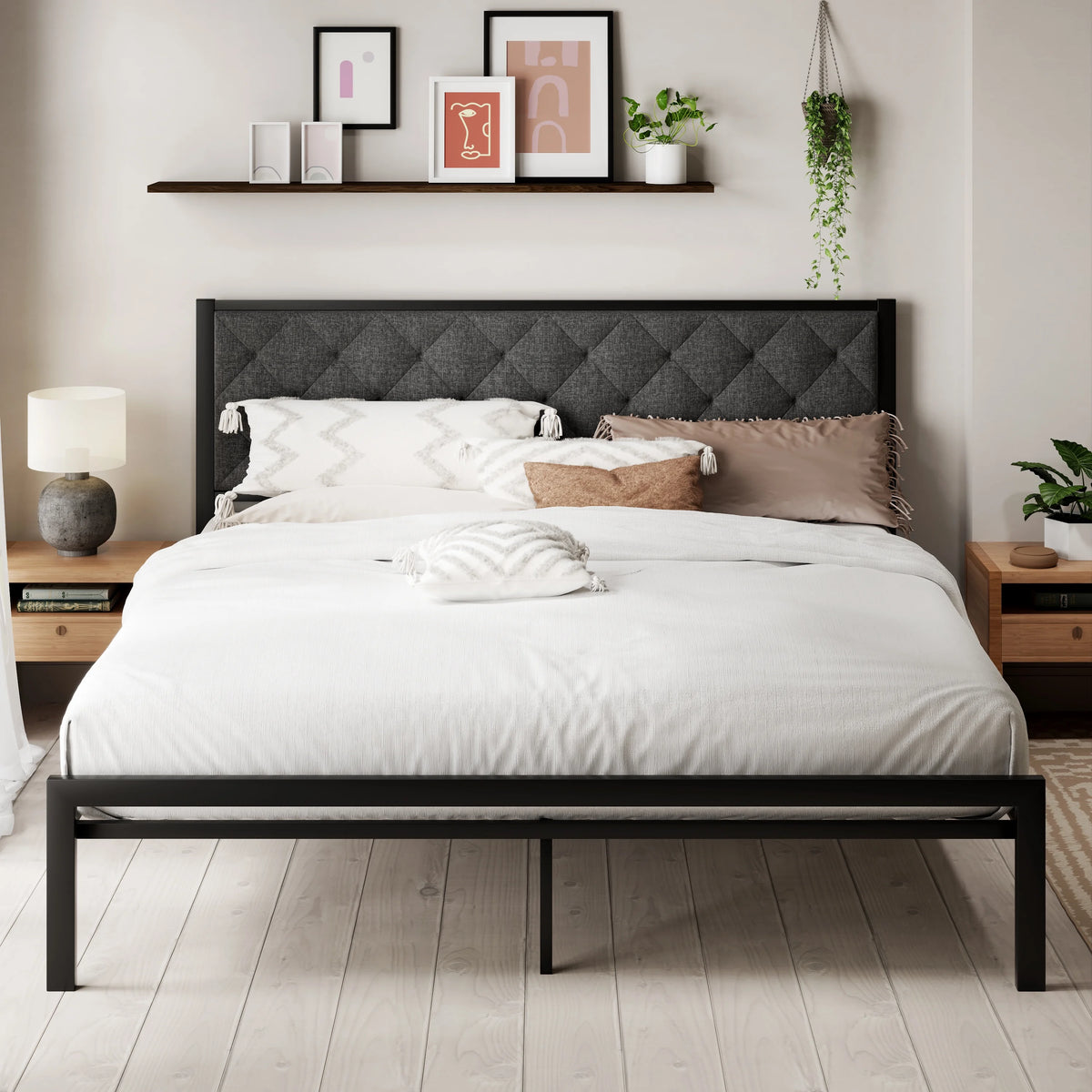 Queen Size Metal Platform Bed Frame with Headboard & Underbed Storage E279964