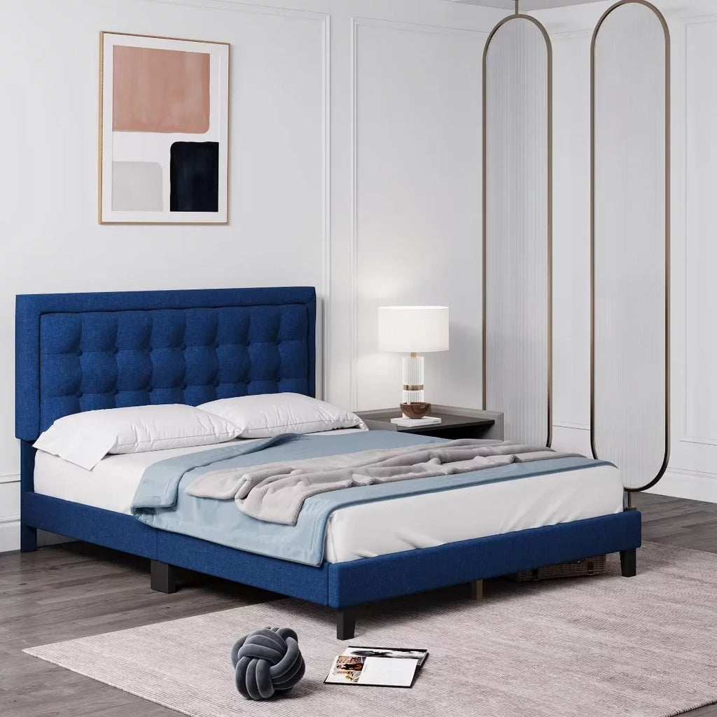 Full Size Blue Upholstered Platform Bed with Tufted Headboard M934