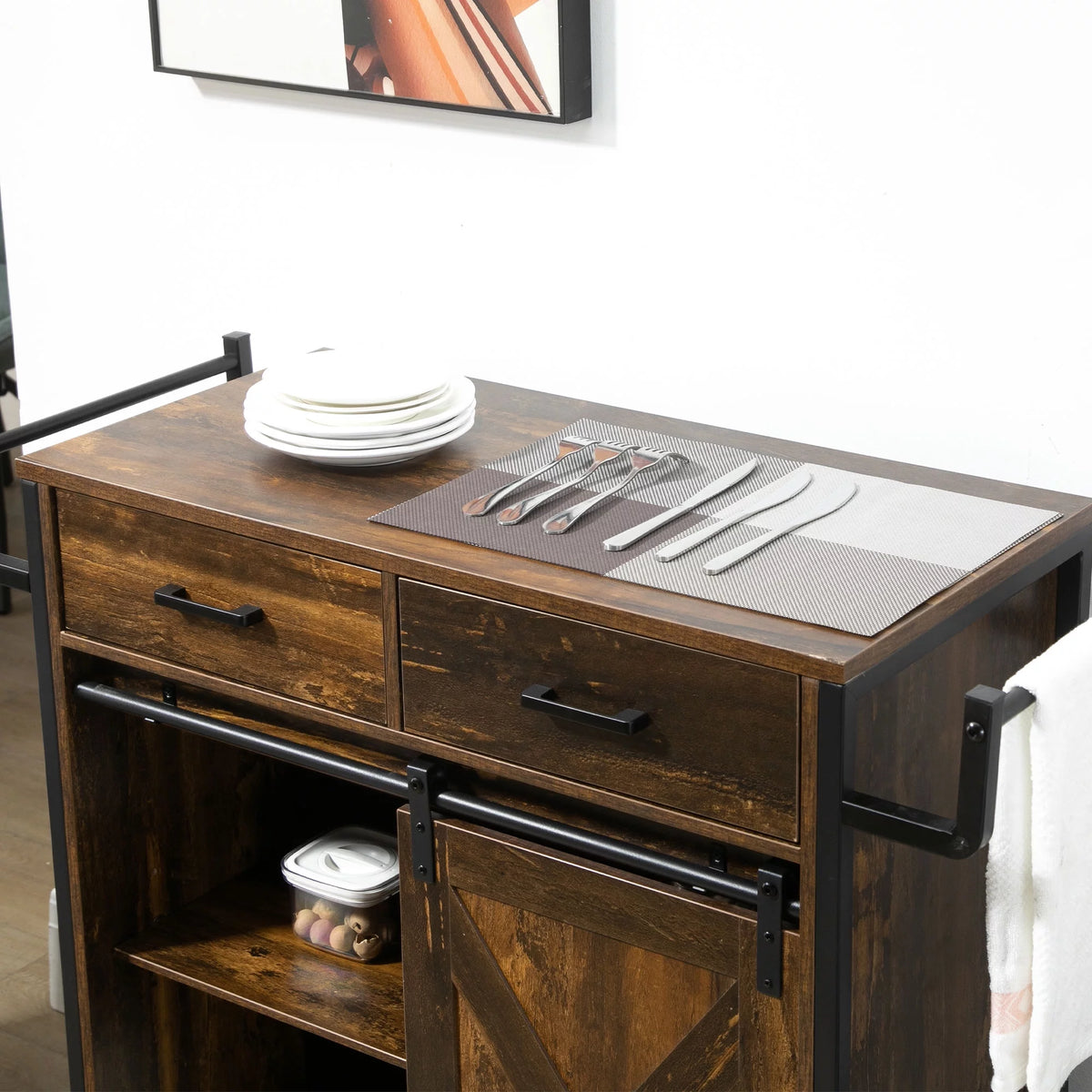 Rolling Kitchen Cart with Adjustable Shelf, Two Drawers and Towel Rack W197