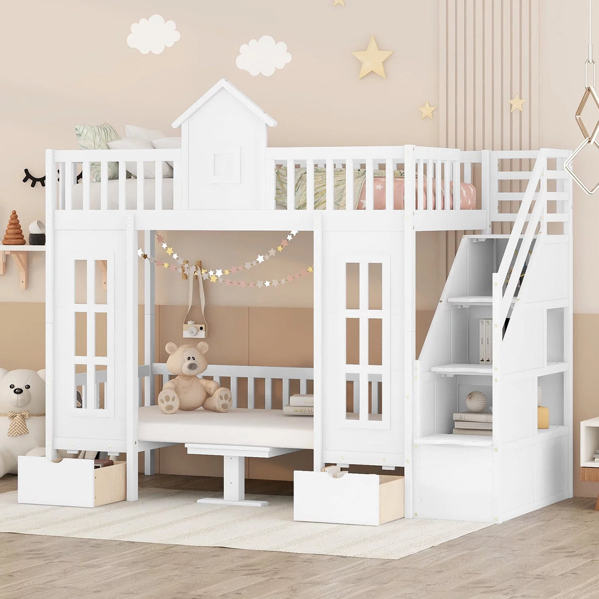 White Twin Over Twin Bunk Bed with Storage Stairs F44982