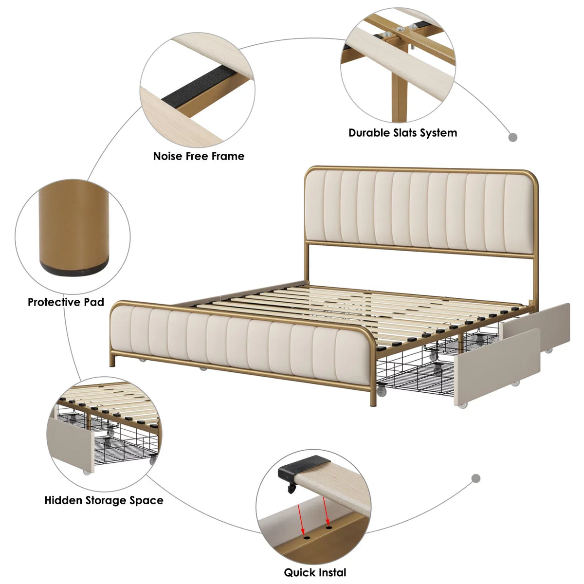 King Size 4 Drawer Gold Platform Bed with Tufted Headboard I992603
