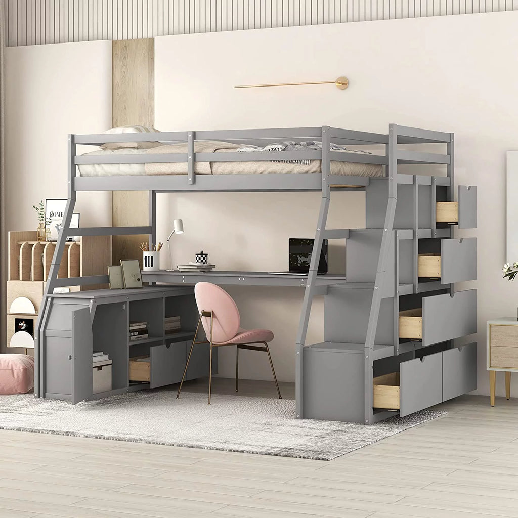 Solid Wood Loft Bed Frame with Stairs, Desk, 7 Drawers and 2 Shelves D578
