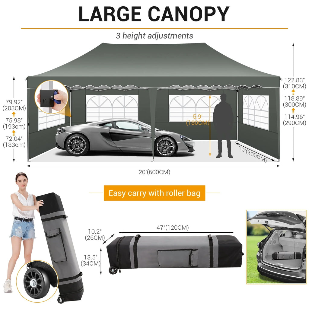 10'x 20' Pop up Canopy Tent with 6 Removable Side Walls Black K718