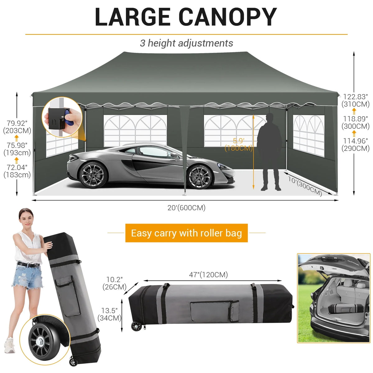 10'x 20' Pop up Canopy Tent with 6 Removable Side Walls Black K718