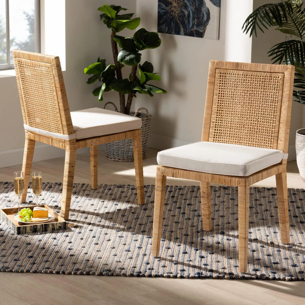 Natural Finished Wood and Rattan 2-Piece Dining Chair Set P775