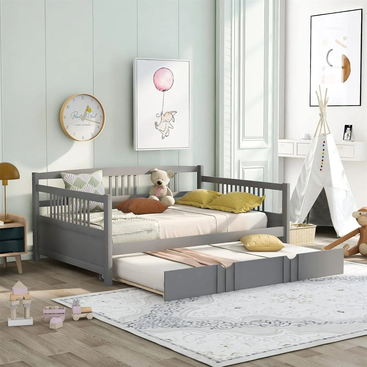 Grey Full Size Wood Daybed with Trundle I7751