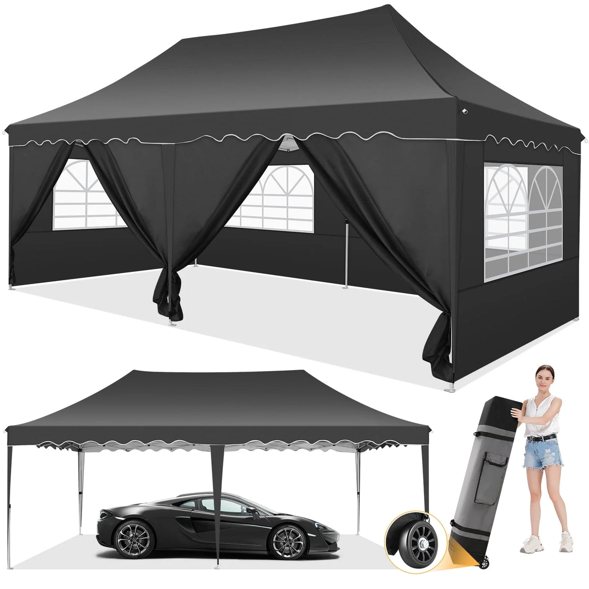 10'x 20' Pop up Canopy Tent with 6 Removable Side Walls Black K718