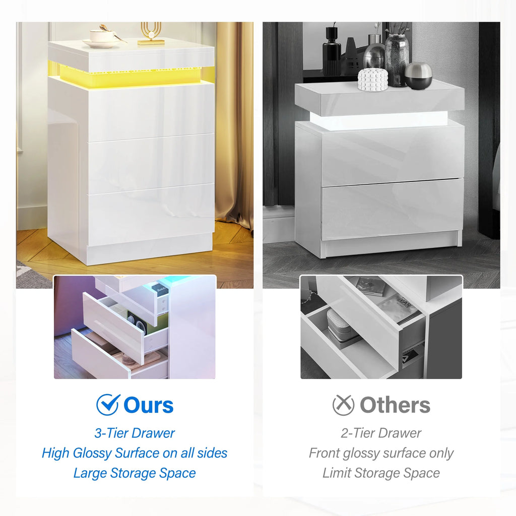White 3 Drawer LED Nightstand N5184